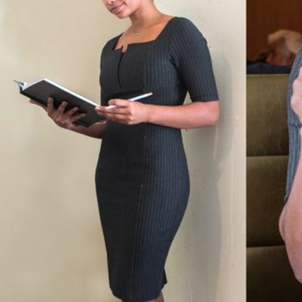 Betabrand Executive Ponte Dress Gray Pinstripe